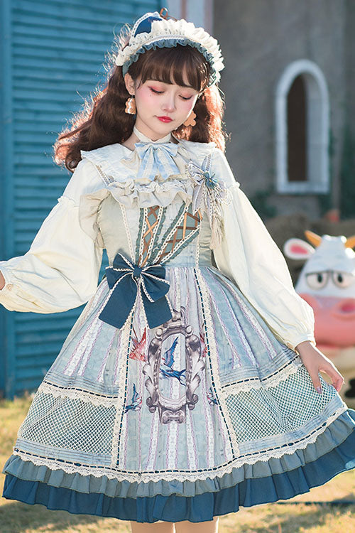 Light Blue Vintage Finches In The Mirror Print Country Style Bowknot Multi-Layer Ruffled Classic Lolita JSK Dress