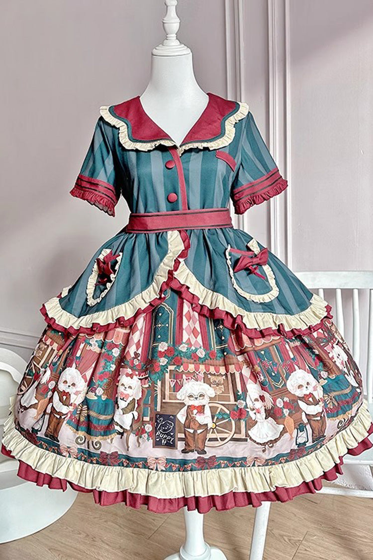 Puppy Cafe Print Ruffle Bowknot Sweet Lolita Dress 3 Colors