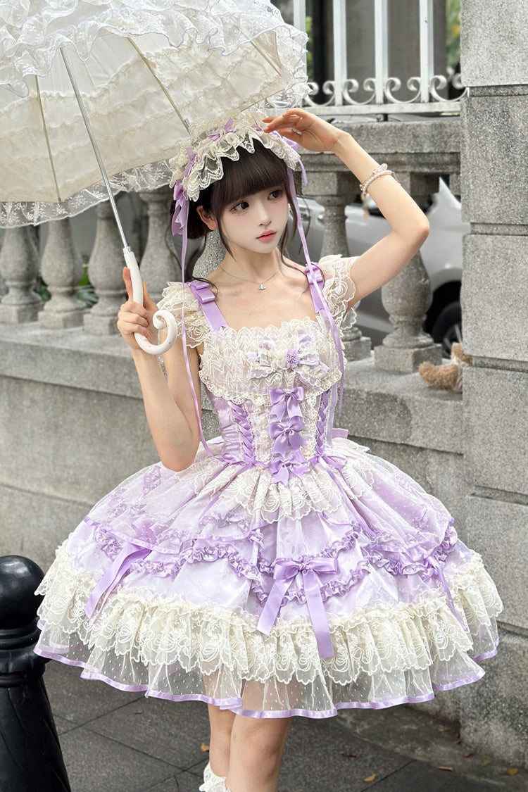 Purple Dreaming Butterfly Multi-Layered Jacquard Ruffle Bowknot Lace Sweet Princess Lolita Jsk Dress