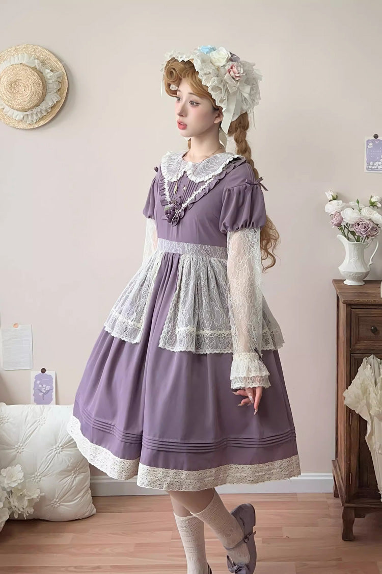 Purple Mist over Flowers Along the Path Lapel Collar Long Sleeves Embroidery Bowknot Lace Sweet Lolita Dress