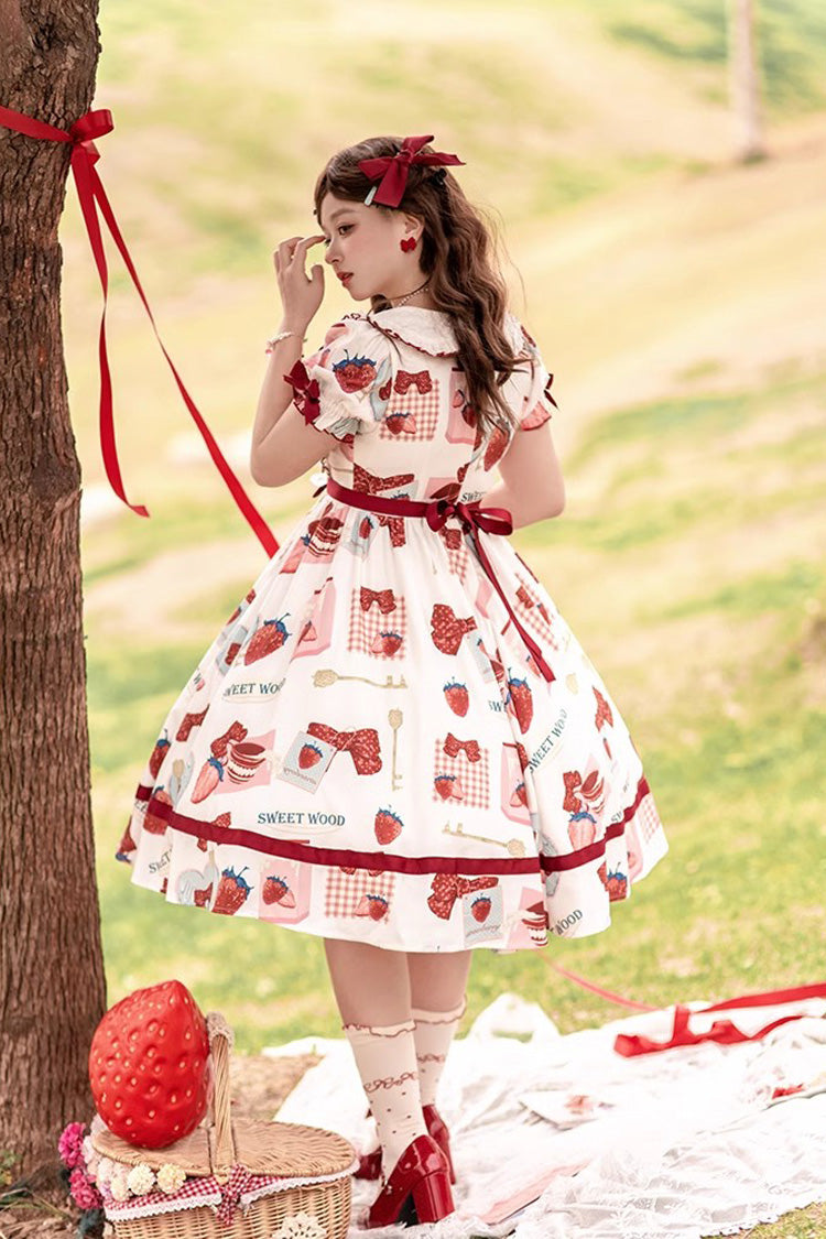 Multi-Color Strawberry Bowknot Print Short Sleeves Short Version Sweet Lolita Dress
