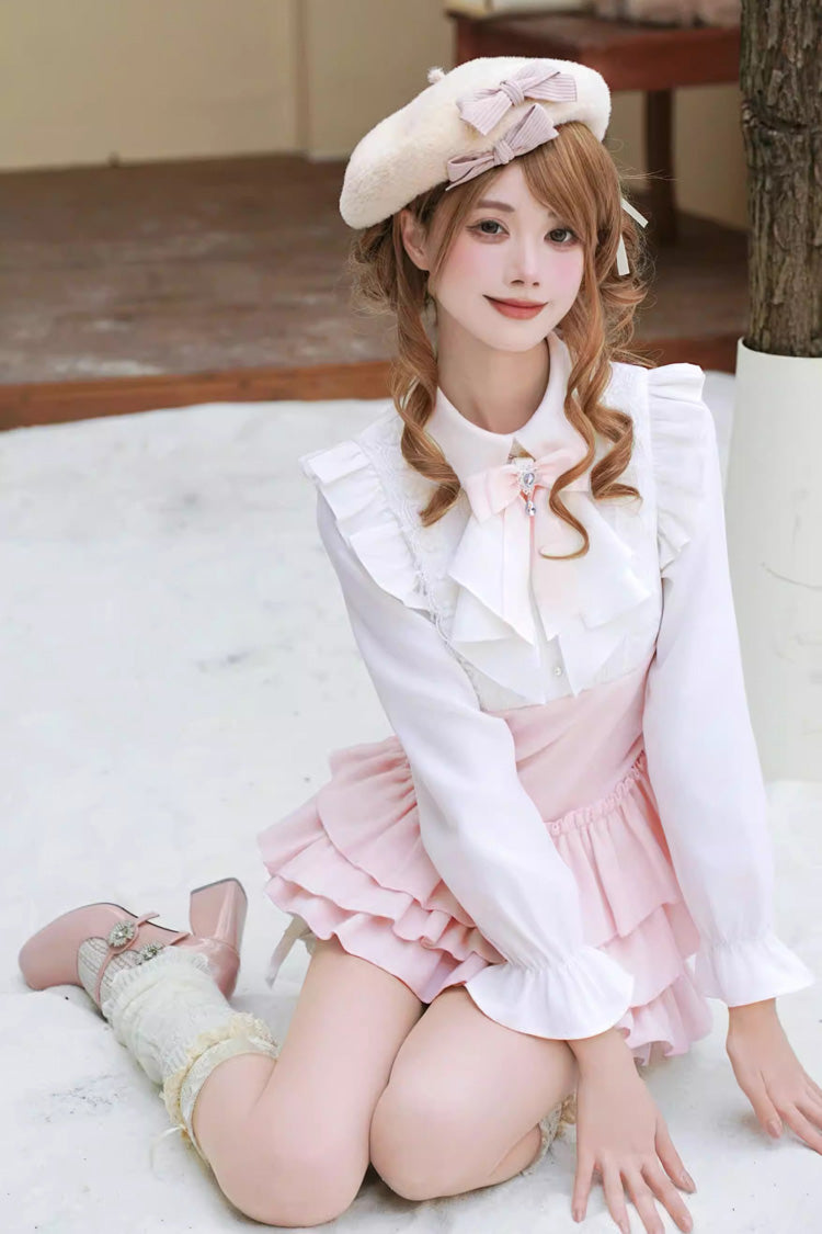 Pink Cherry Blossom Snow Lapel Collar Long Sleeves Triple-Layered Ruffled Bow Faux Two-Piece Sweet Lolita Dress