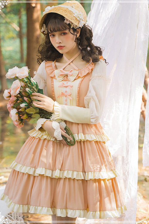 Round Collar Long Sleeve High Waist Multi-Layer Ruffled Sweet Lolita OP Dress