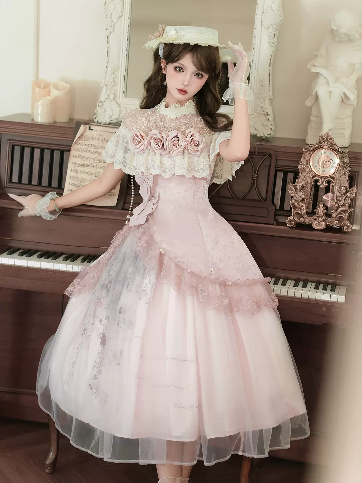 Pink Floral Mesh Lace Ruffled Rose Sweet Princess Vintage Lolita Dress