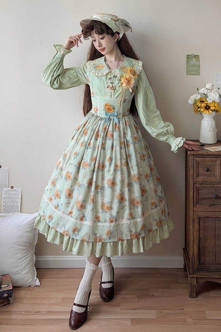 Green Gardening Sunflower Sleeveless Print Ruffle Bowknot Sweet Elegant Uplift Lolita Jsk Dress