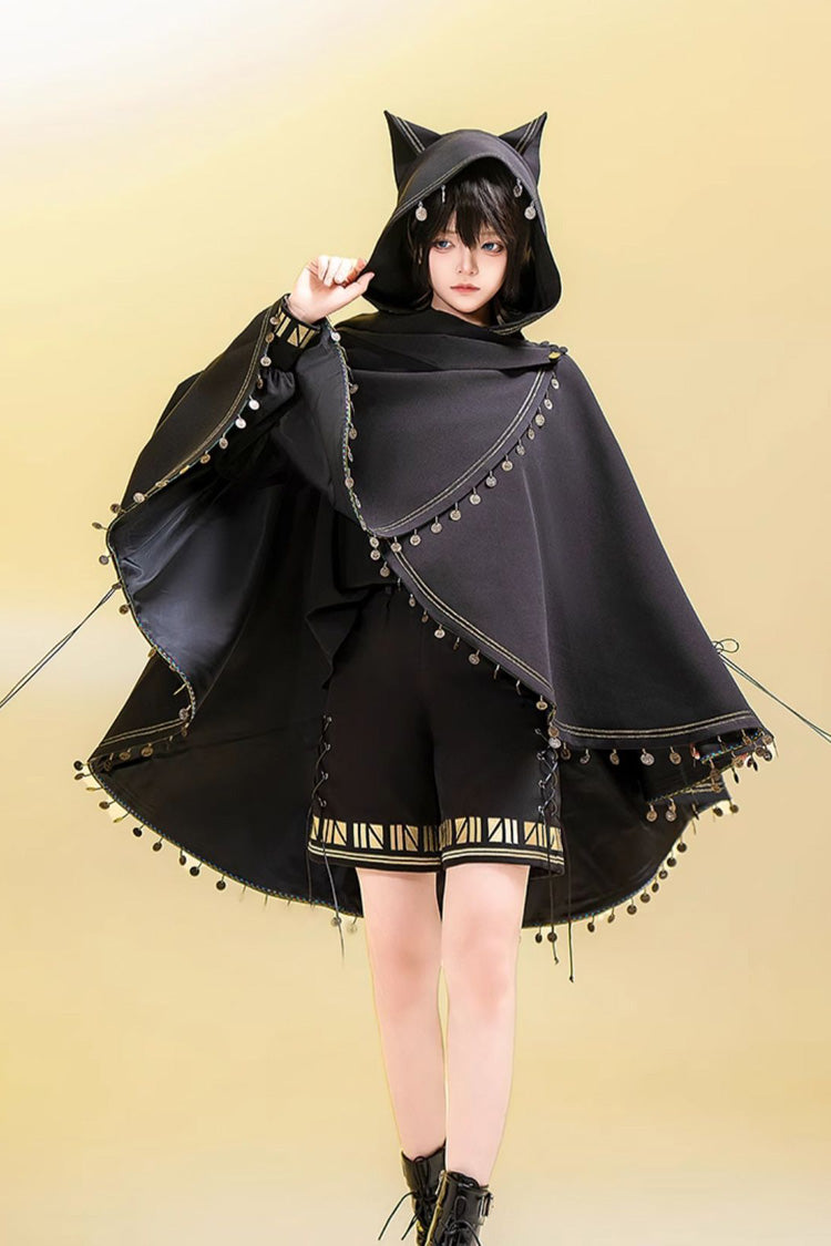 Black Black Cat Embroidery Cat Ears Hooded Ouji Gothic Prince Handsome Lolita Cloak