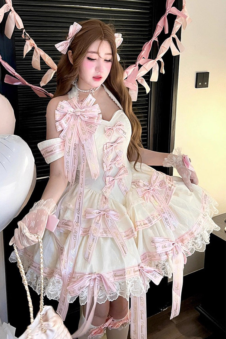 Pink Young Lady Halterneck Sleeveless Multi-Layered Ruffle Bowknot Elegant Princess Sweet Lolita Dress