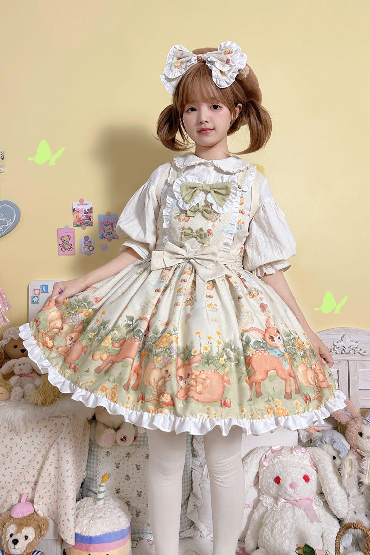 Multi-Color Little Deer Gathering Sleeveless Print Ruffle Bowknot Daily Sweet Lolita Strap Dress