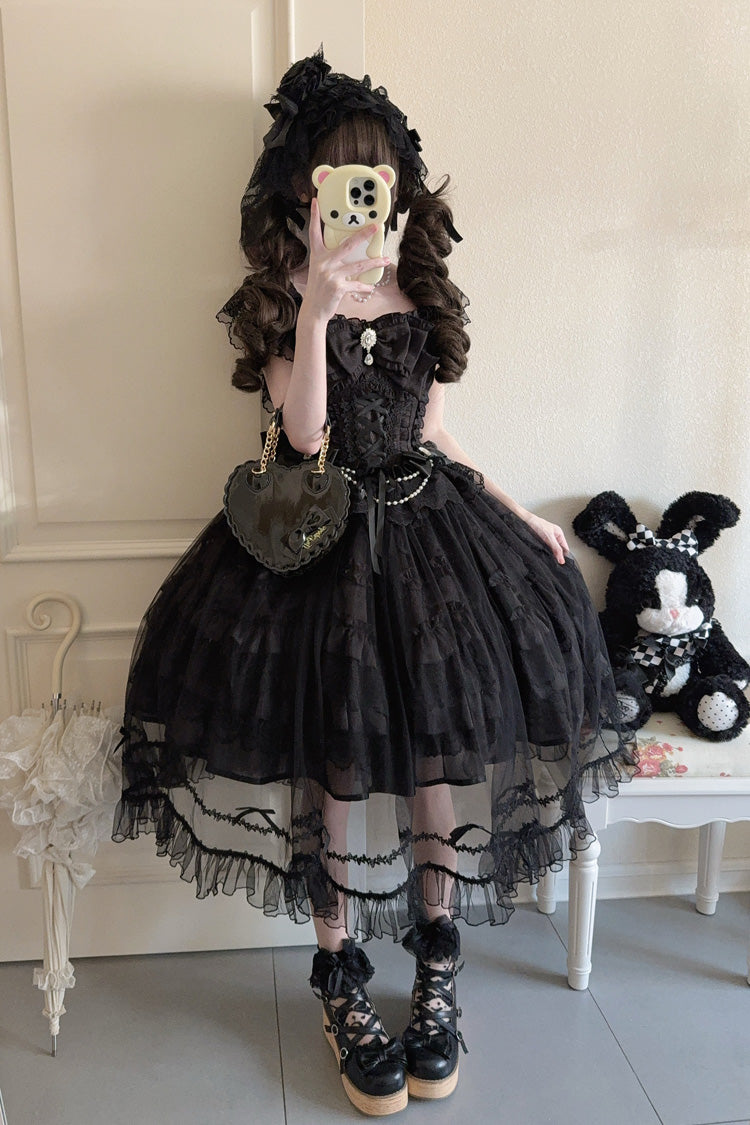 Black Eternal Vow Sleeveless Multi-Layered Ruffle Hanayome Bowknot Lace Lace-Up Gothic Lolita Jsk Dress