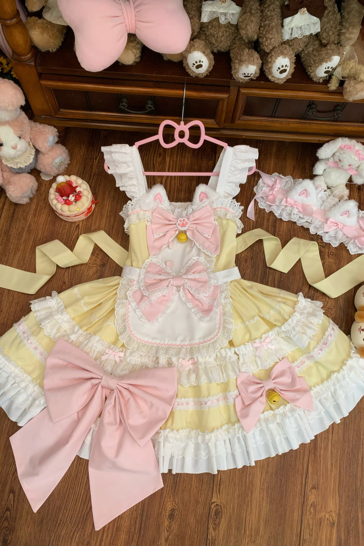 Yellow Meowling Sweet Maid Sleeveless Multi-Layered Ruffle Bowknot Lace Sweet Princess Lolita Jsk Dress