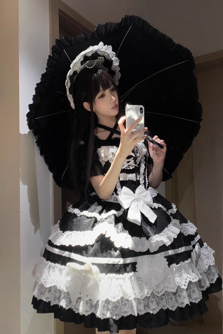 Black/White Super Cute Belia Sleeveless Triple-Layered Ruffle Bowknot Lace Gothic Elegant Lolita Jsk Dress