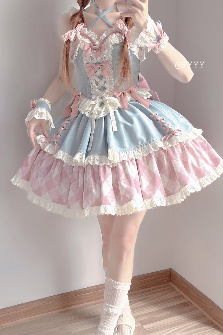 Blue/Pink Sweetheart Cowboy Plaid Print Ruffle Bowknot Sweet Lolita Skirt Set