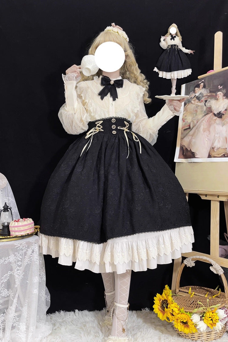 Black Heart of Rose High Waisted Ruffle Embroidery Lace-Up Sweet Vintage Elegant Palace Lolita Skirt