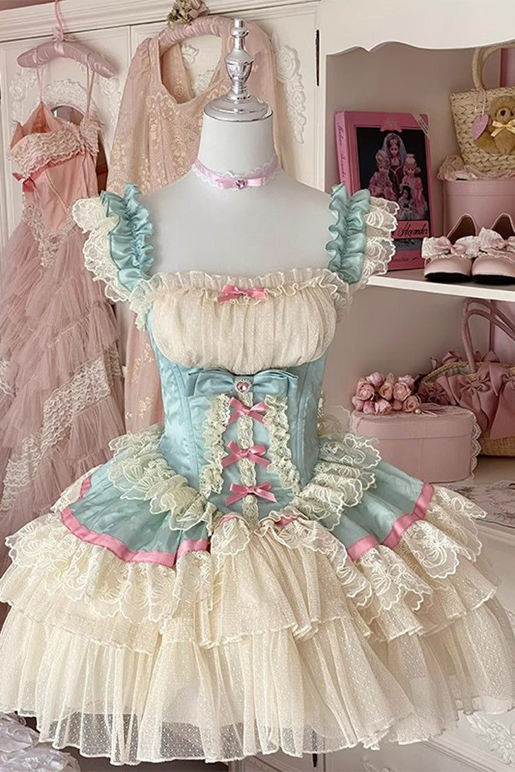 Blue/White Girly Scent Triple-Layered Ruffle Bowknot Lace Sweet Ballet Lolita Dress
