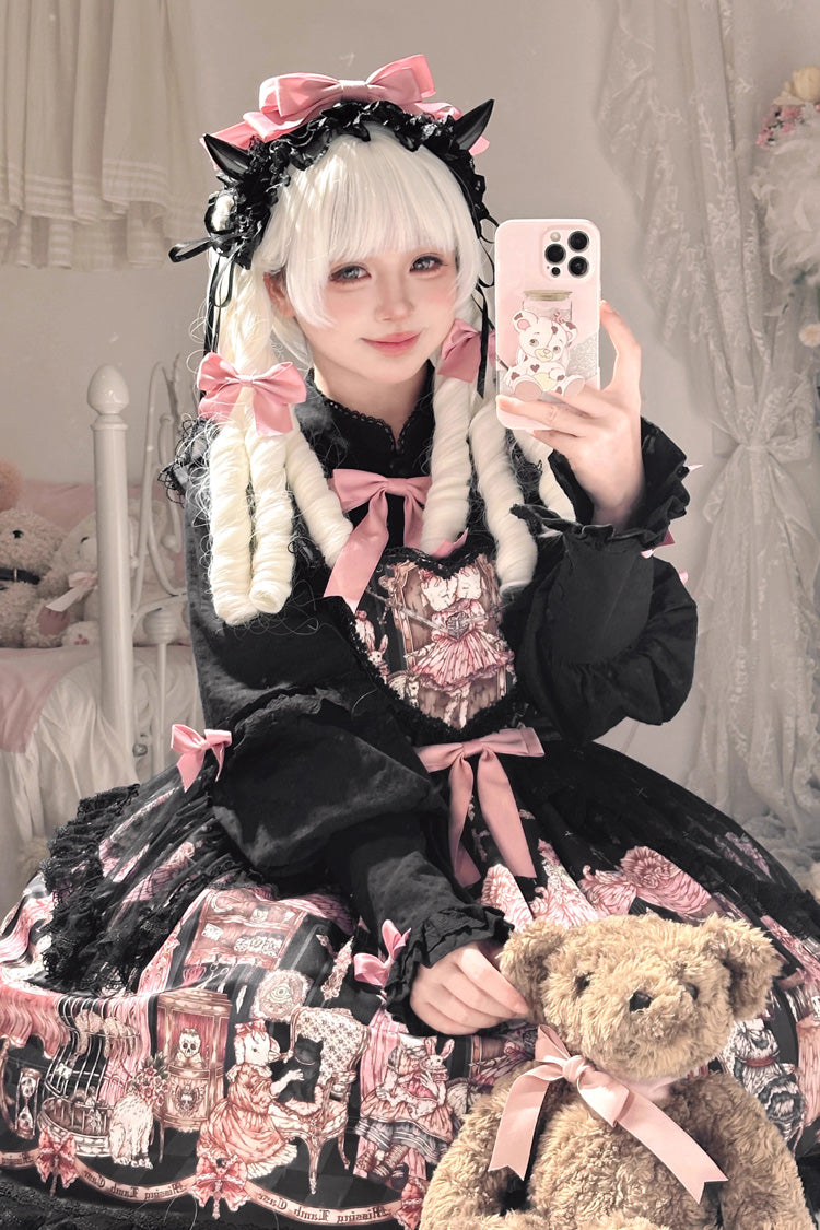 Black The Case of the Missing Lamb Print Ruffle Bowknot Lace Gothic Lolita SK Skirt