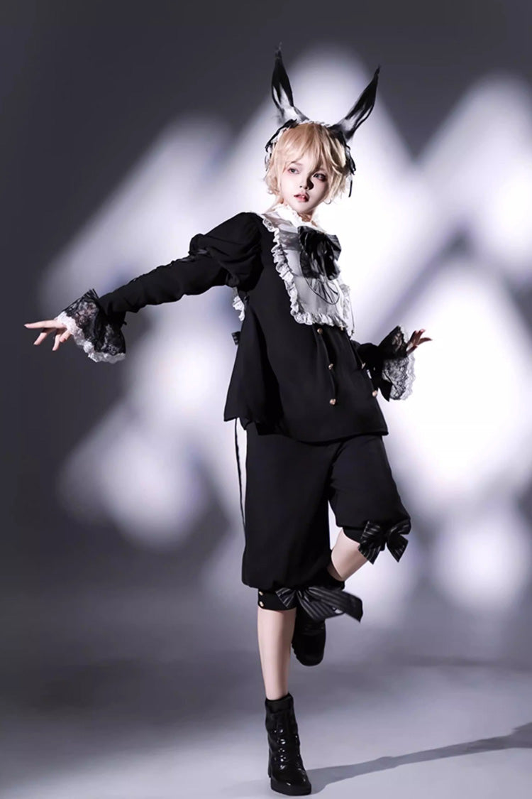Black/White Rabbit Hole Long Sleeves Bow Gothic Prince Ouji Lolita Set