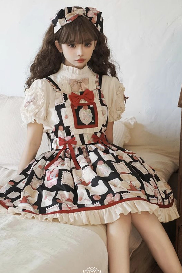 Black Letter from Showa Rabbit and letter Print Ruffle Bowknot Sweet Princess Lolita Strap Dress