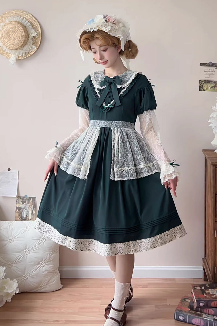 Green Mist over Flowers Along the Path Lapel Collar Long Sleeves Embroidery Bowknot Lace Sweet Lolita Dress
