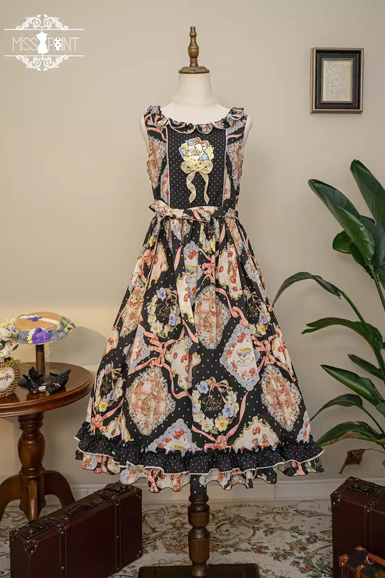 Cat Rose Tea Sleeveless Print Ruffle Bowknot Sweet Lolita Jumper Dress 3 Colors