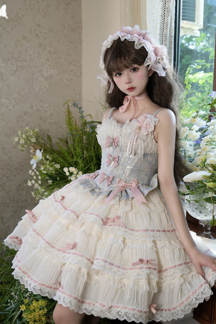Blue/Apricot Sea Salt Souffle Sleeveless Multi-Layered Bowknot Lace Sweet Ballet Lolita Jsk Dress