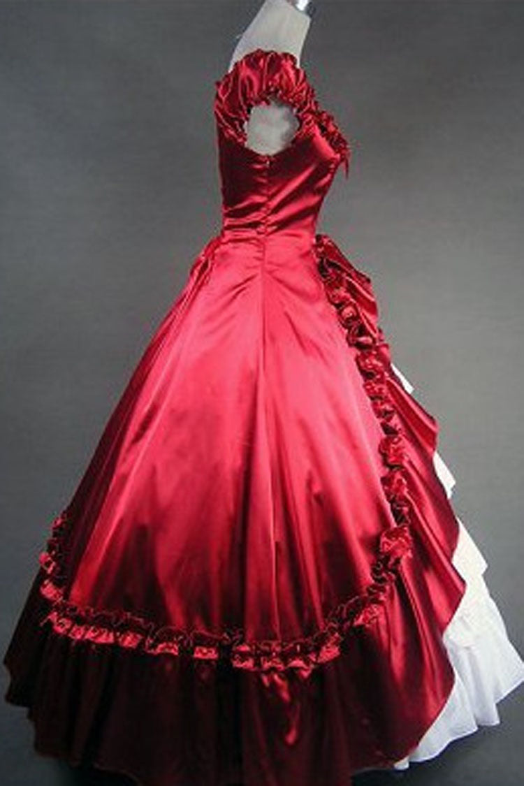 Red/White Cotton Square Collar Cap Sleeves Floor Length Pleats Bowknot Cardigan Victorian Gothic Lolita Dress