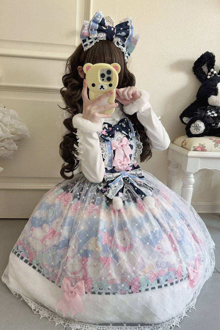 Dark Blue Candy Mary Cat Printed Ruffled Embroidered Bow Lace Sweet Lolita Jsk Dress