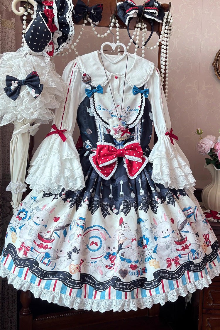 Black Mystery Rabbit Tea Party Sleeveless Print Ruffle Bowknot Lace Sweet Lolita Jsk Dress
