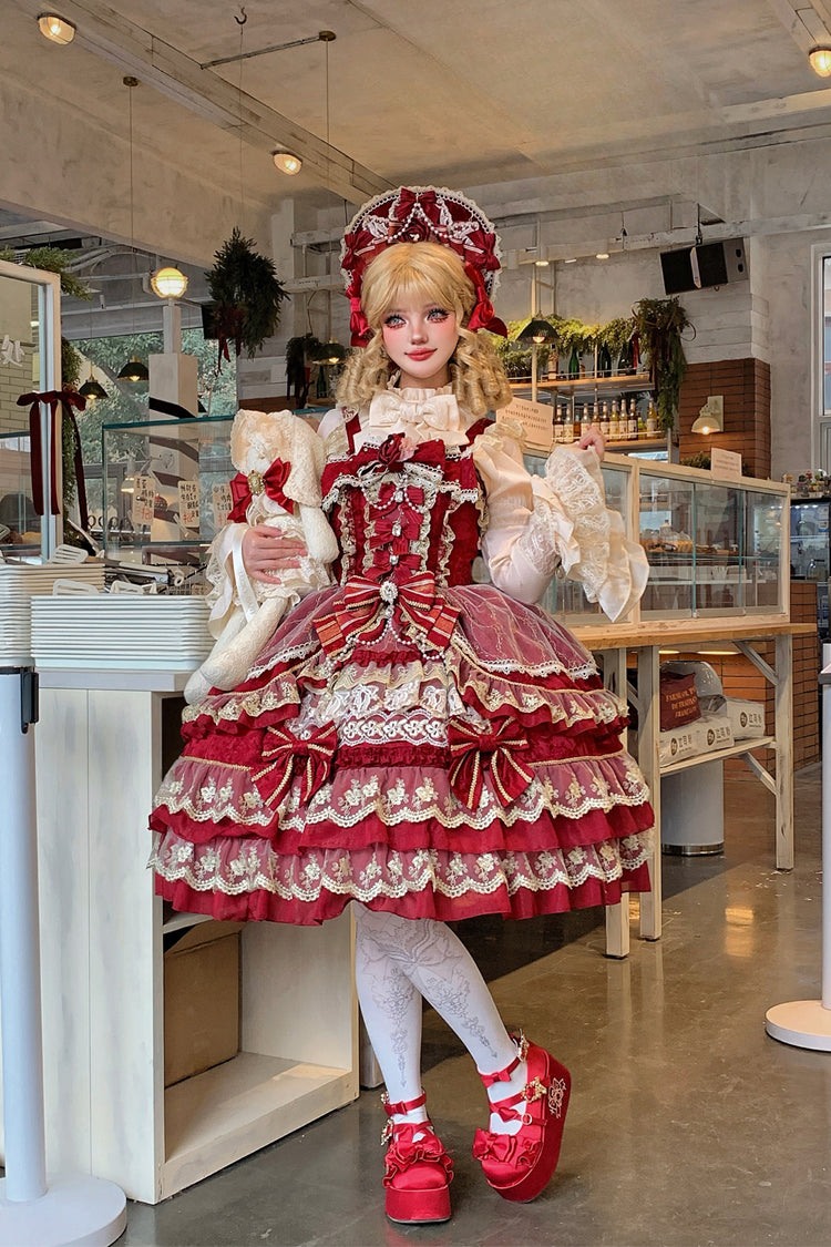 Red Crown of Gems Triple-Layered Ruffle Bowknot Lace Sweet Gorgeous Lolita Jsk Dress