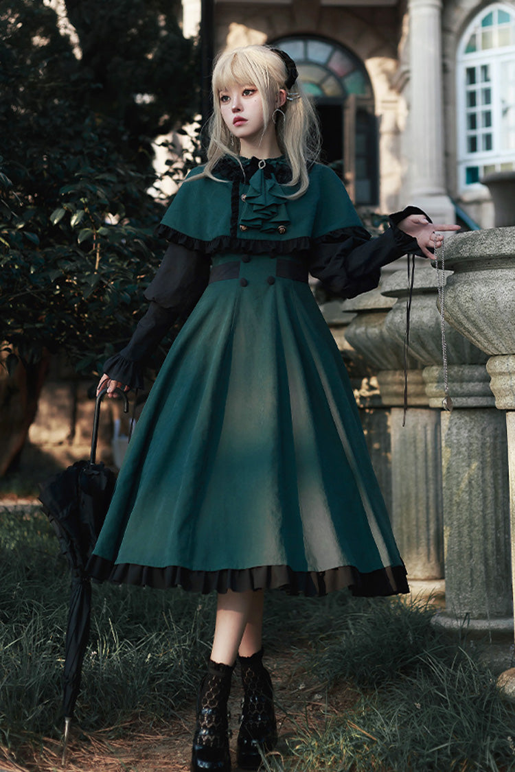 Green Potions School Long Sleeves Ruffle Bowknot Sweet Elegant Lolita Dress Two-piece Set