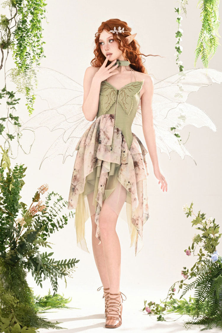 Green Forest Wandering 3D Butterfly Embroidery Lace Irregular Sweet Lolita Jsk Dress