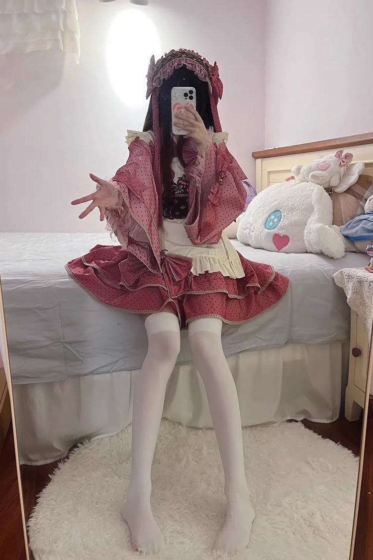 Pink Multi-layer Strawberry Polka Dot Print Bowknot Princess Sweet Lolita Skirt Set