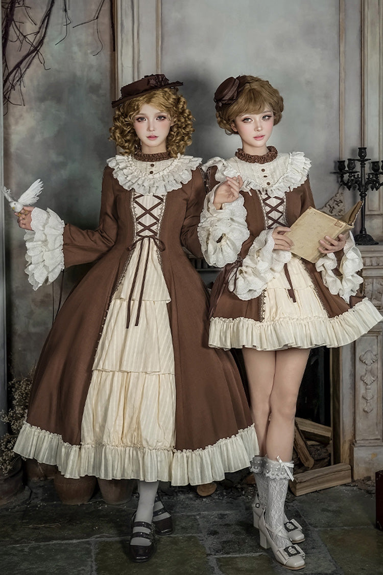 Brown/Beige Nutcracker Stand Collar Long Trumpet Sleeves Ruffle Cardigan Bowknot Lace-Up Sweet Lolita Dress Set 2 Versions