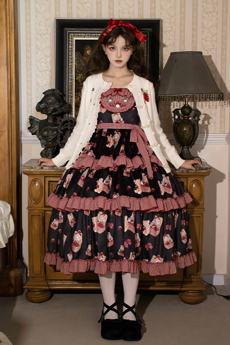 Blue/Pink Bell Strawberry Farm Embroidery Print Triple-Layered Ruffle Sweet Lolita JSK Dress