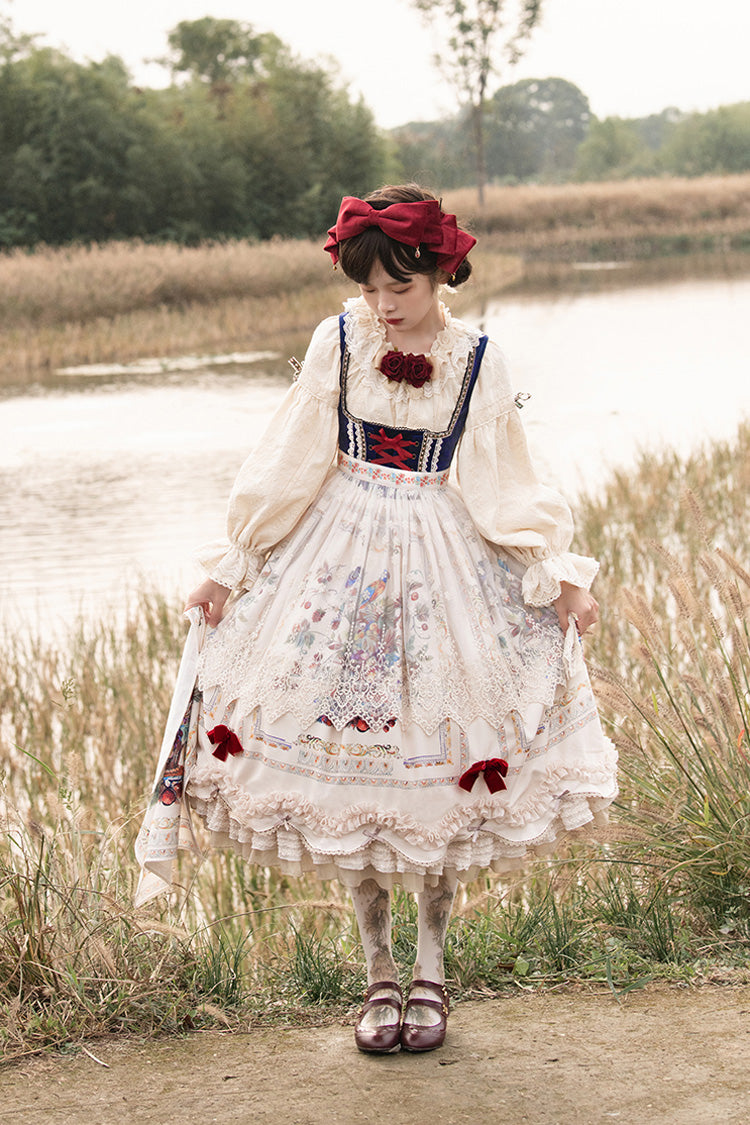 Ivory Ode to Plenty Berries and Birds Print Ruffle Bowknot Velvet Classic Lolita Breast Support Jsk Dress
