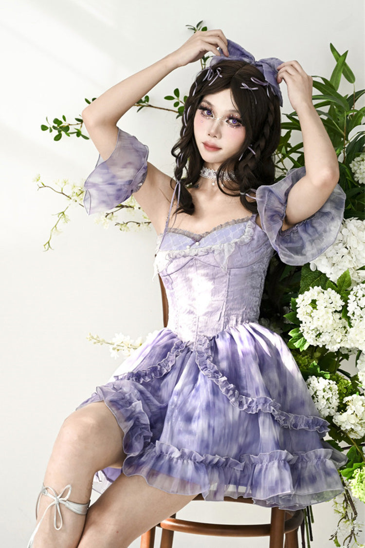 Blue Ruffle Lace Tie-dyed Print Fake Two Pieces Sweet Princess Jsk Dress