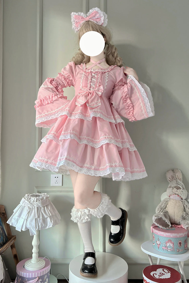 Pink Triple-Layered Detachable Sleeves Bowknot Lace-Up Sweet Lolita Dress