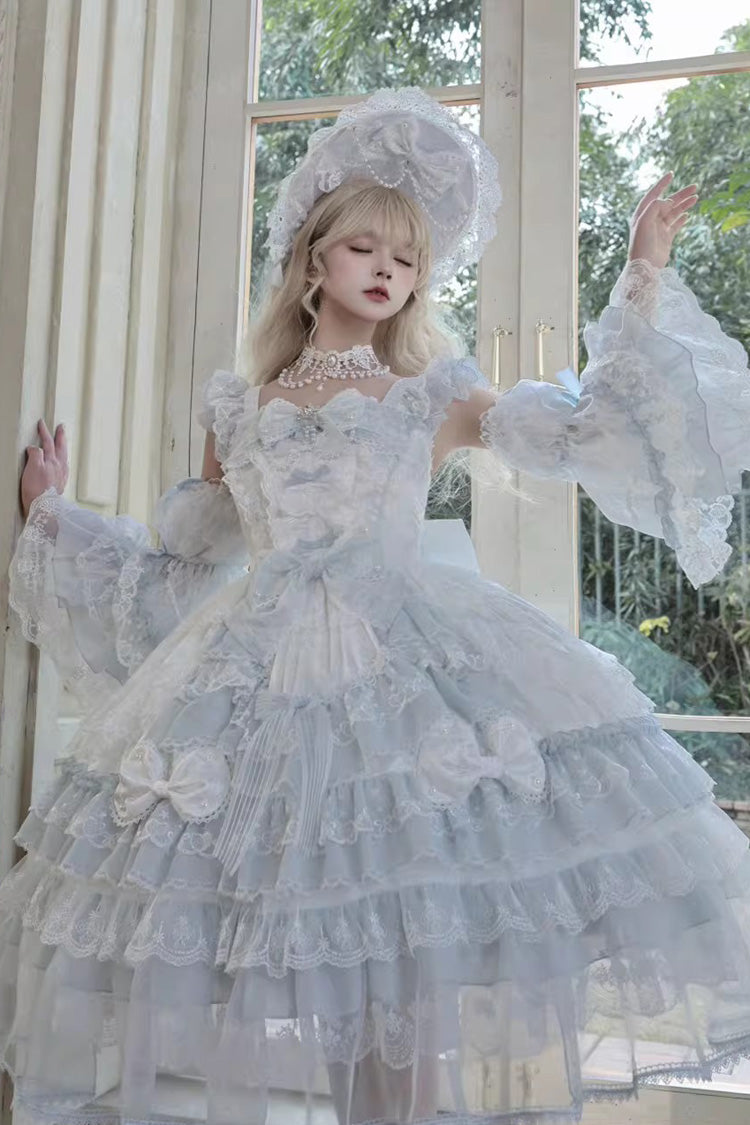 Blue Prelude of Spring Sleeveless Multi-Layered Ruffled Bow Lace Sweet Princess Lolita Jsk Dress