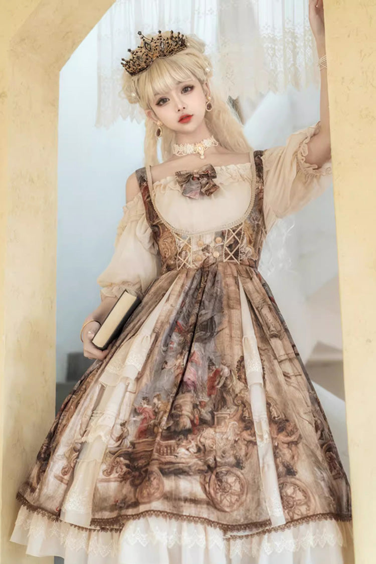 Brown Cloria Oil Painting Print Bowknot Lace Sweet Elegant Palace Lolita Jsk Dress