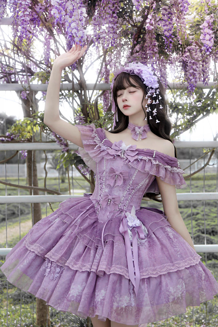 Purple Wisteria Wonderland Double-Layered Bow Lace-Up Sweet Elegant Princess Ballet Lolita Jsk Dress