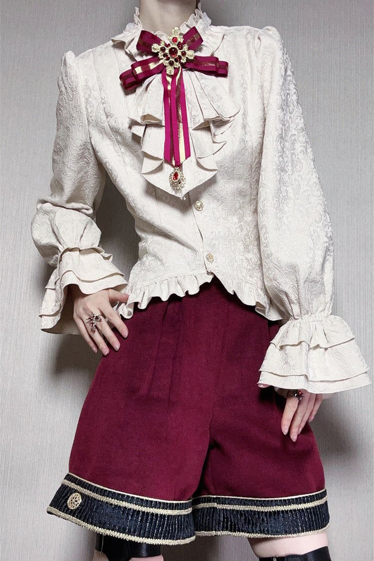 Red Royal Heir Embroidery Classic Military Gorgeous Handsome Ouji Lolita Coat Blouse Shorts Set