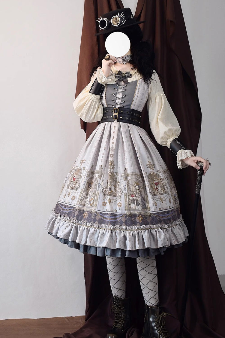 Demon Hunting Notes Long Lantern Sleeves Print Ruffle Sweet Elegant Lolita Dress 2 Colors