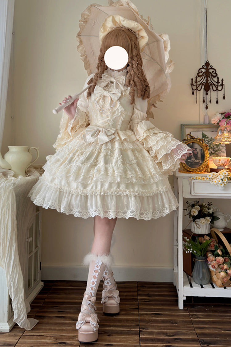 Apricot Love and Heart Flutter Sleeveless Multi-Layered Ruffle Bowknot Lace Pearl Sweet Lolita Jsk Dress