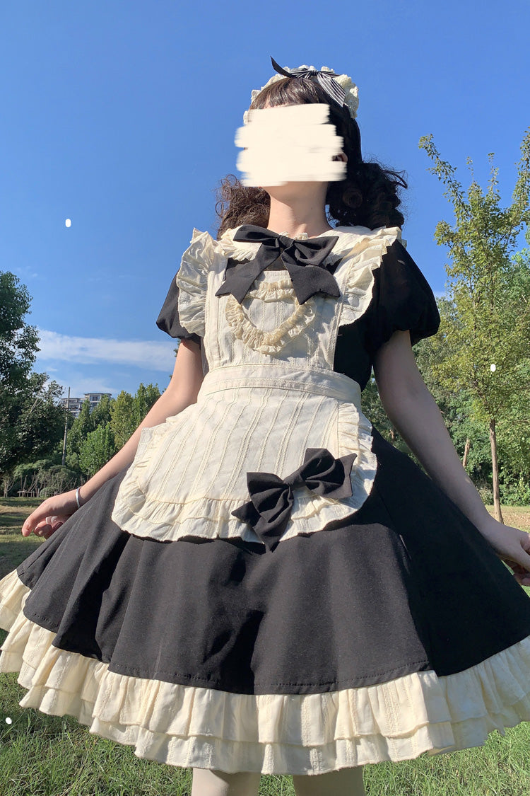 Black/White Maid Long Sleeves Ruffle Bowknot Stitching Sweet Short Lolita Dress