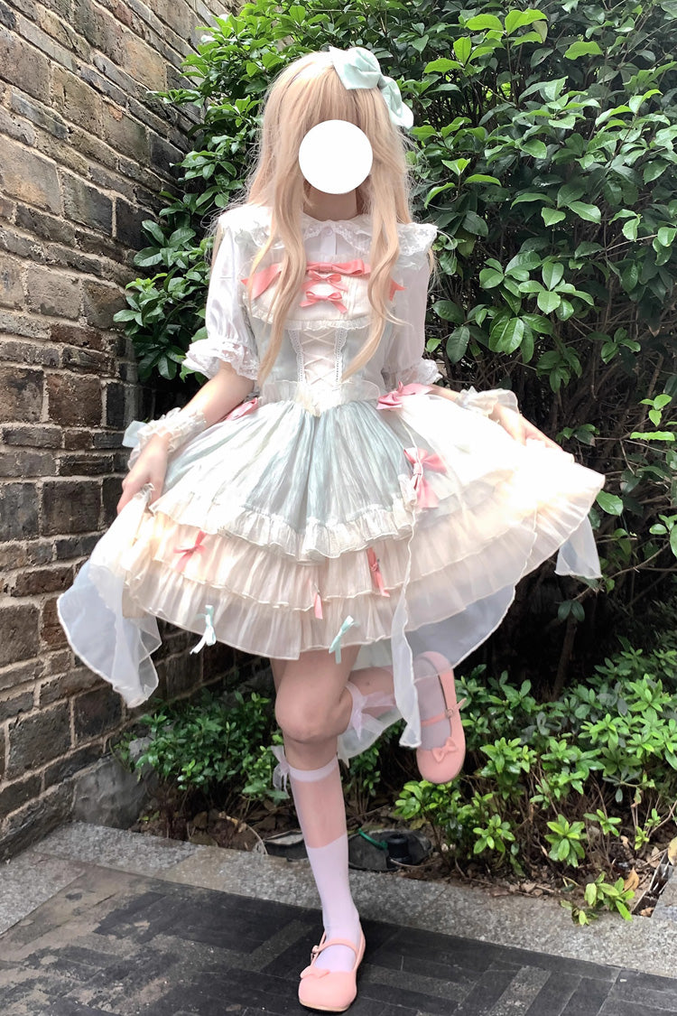 Green Camellia Love Sleeveless Triple-Layered Ruffle Bowknot Lace Sweet Princess Lolita Jsk Dress