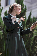 Design Concept:

This Academic Department green pullover dress set blends sweet school style with elegant Lolita elements, presenting a refined and youthful look. The design captures the charm of academic fashion while maintaining a graceful silhouette. The product includes a dress, a matching bow tie, a badge, and a chain, creating a complete coordinated outfit.