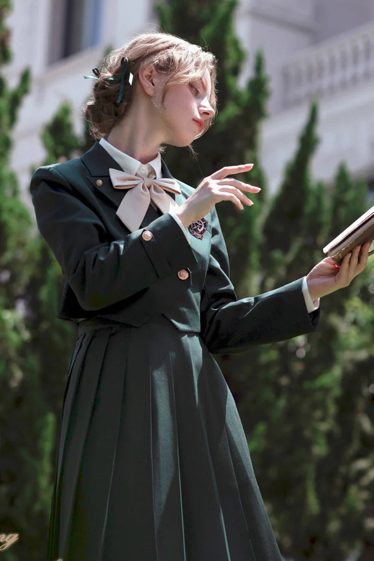 Design Concept:

This Academic Department green pullover dress set blends sweet school style with elegant Lolita elements, presenting a refined and youthful look. The design captures the charm of academic fashion while maintaining a graceful silhouette. The product includes a dress, a matching bow tie, a badge, and a chain, creating a complete coordinated outfit.
