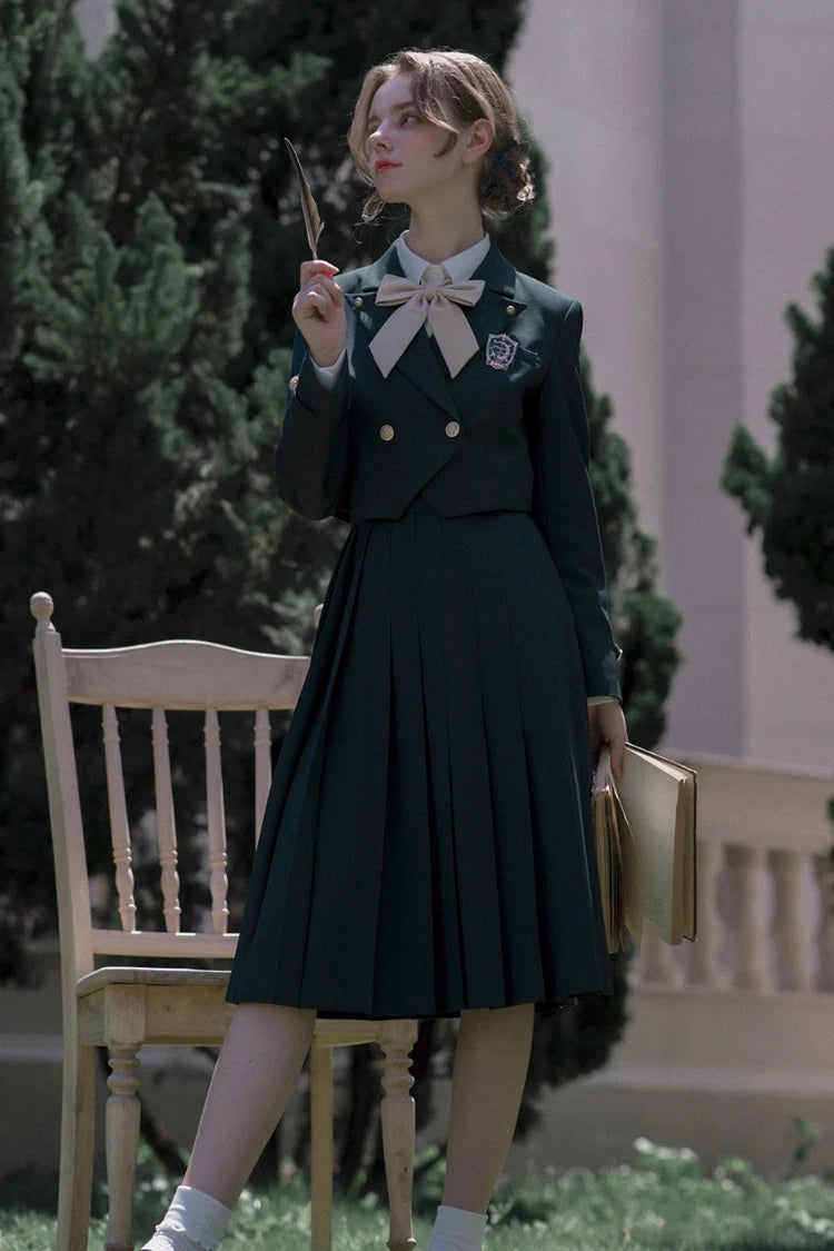 Design Concept:

This Academic Department green pullover dress set blends sweet school style with elegant Lolita elements, presenting a refined and youthful look. The design captures the charm of academic fashion while maintaining a graceful silhouette. The product includes a dress, a matching bow tie, a badge, and a chain, creating a complete coordinated outfit.