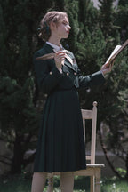 Design Concept:

This Academic Department green pullover dress set blends sweet school style with elegant Lolita elements, presenting a refined and youthful look. The design captures the charm of academic fashion while maintaining a graceful silhouette. The product includes a dress, a matching bow tie, a badge, and a chain, creating a complete coordinated outfit.