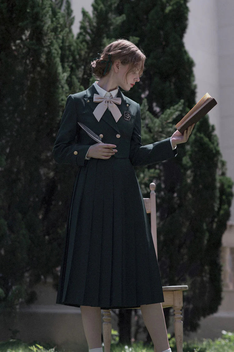 Design Concept:

This Academic Department green pullover dress set blends sweet school style with elegant Lolita elements, presenting a refined and youthful look. The design captures the charm of academic fashion while maintaining a graceful silhouette. The product includes a dress, a matching bow tie, a badge, and a chain, creating a complete coordinated outfit.