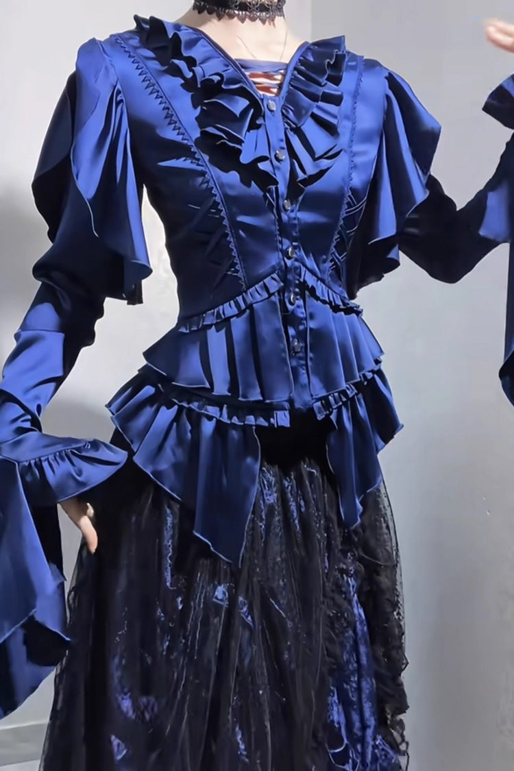 Echoes of the Deep Sea Long Hime Sleeves Ruffled Bow Lace-Up Gothic Ouji Lolita Blouse 4 Colors